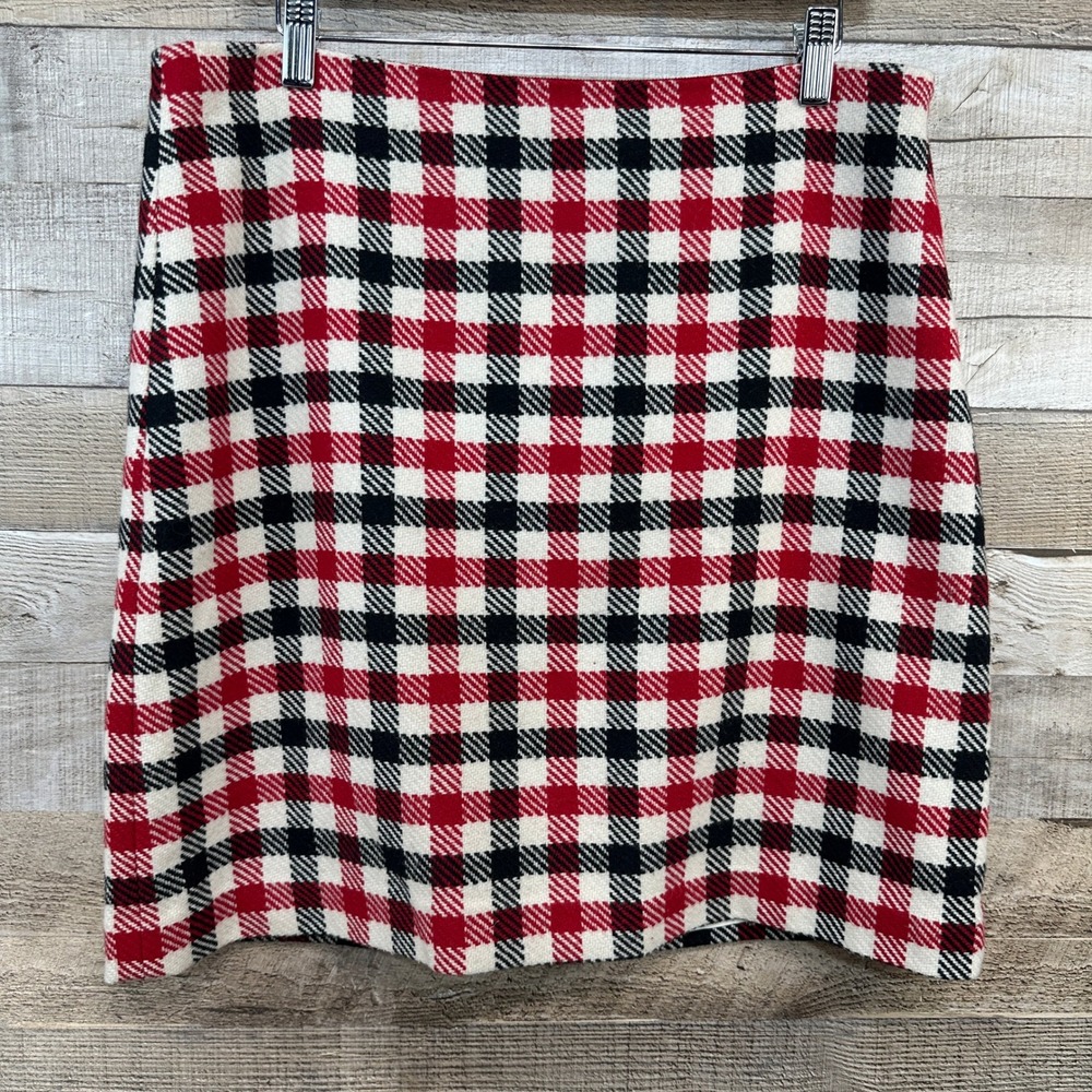 Talbots Petite Red‎ Black Ivory Plaid Wool Blend Lined Mini Skirt 12P